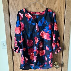Ivanka Trump Charming Floral Blouse - Black with Coral & Blue Button Down